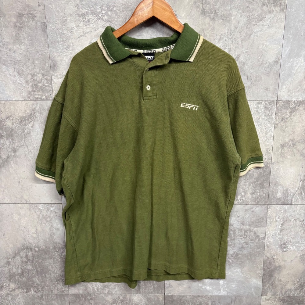 Vintage ESPN Polo Shirt Mens Large Olive Green Herringbone Cotton Short Sleeve